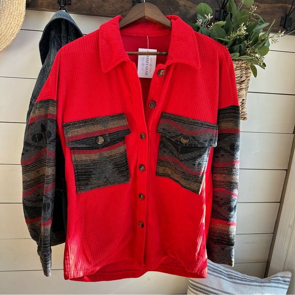 Red Corduroy Aztec Tribal Western Printed Shacket Shirt Jacket - Picture 5 of 7